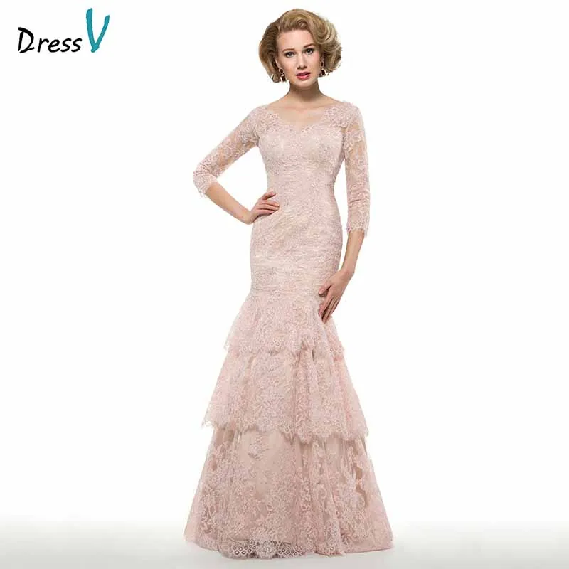 

Dressv elegant v neck 3/4 sleeves trumpet mother of bride dress appliques floor length zipper up long mother evening gown custom