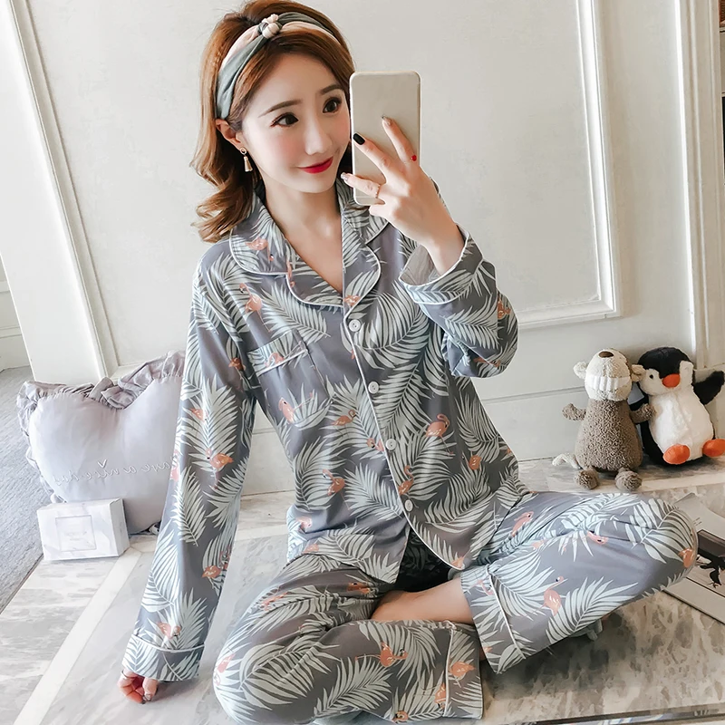 

2018 Spring Autumn Pajama Sets for Women Long Sleeve Pyjama Girls Print Cardigan Pijama Mujer Lounge wear Homewear Home Clothing