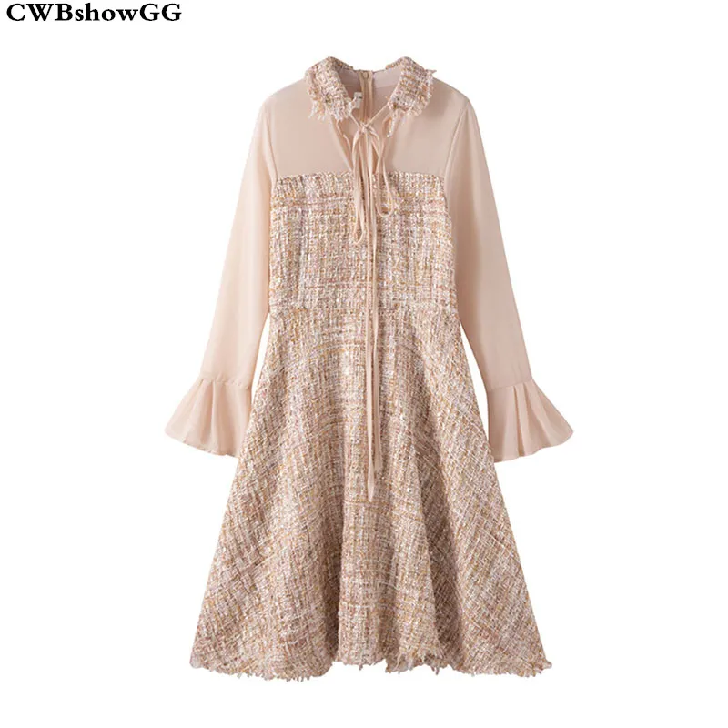 

CWBshowGG long sleeve hollow out ladies chiffon tassel patchwork tweed dress female Korean high waist slim flare sleeve dress
