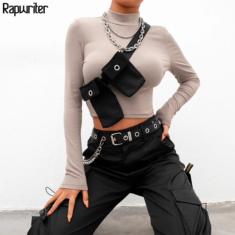 

2018 Fashion Detachable Shoulder Bags Turtleneck Long Sleeve Women Stretch Crop Tops 2019 Spring Sexy Bodycon T-Shirt Female