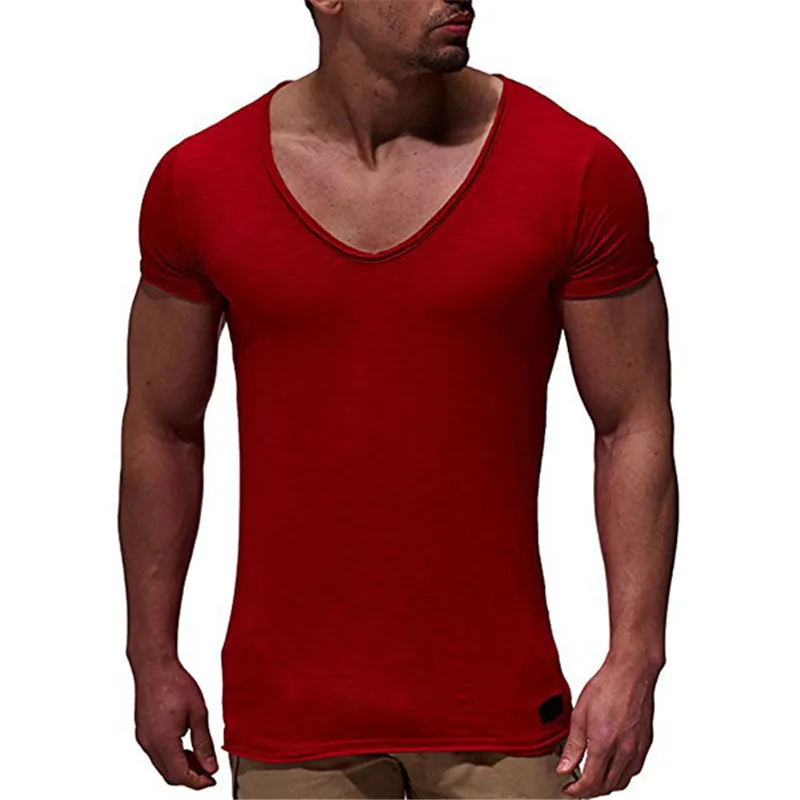 Men's Tops Summer New Cotton Sexy Deep v neck Short Sleeve t shirt Mens ...