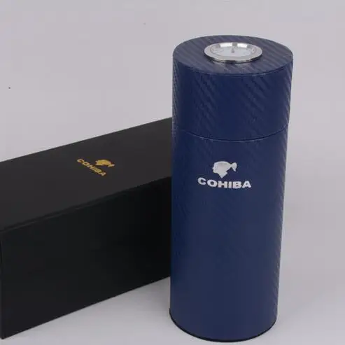 COHIBA Дорожный Чехол для сигар из углеродного волокна и дерево кедра с подкладкой, мини-гигрометр с длинным увлажнителем - Цвет: BLUE