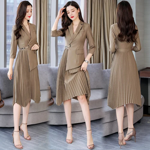

Summer 2019 Fashion Fake Two Pieces Dress Women Office Pleated Irregular Blazer Dresses Black Elegant Retro Designer Dress