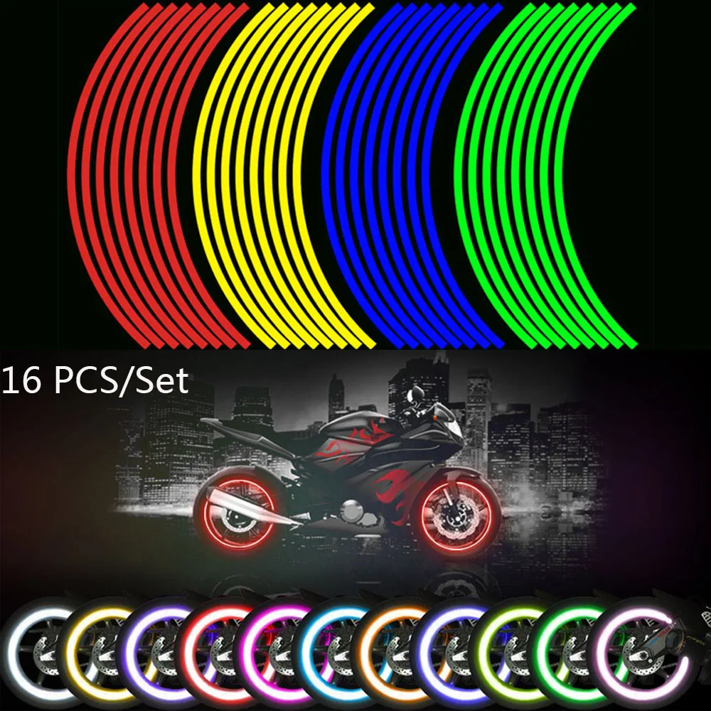 16 Pcs Strips Motorcycle Wheel Sticker Reflective Decals Rim Tape Bike