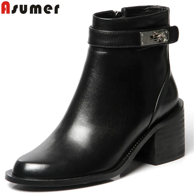 

ASUMER black fashion ankle boots for women 2018 new autumn winter boots buckle zip genuine leather boots high heles shoes
