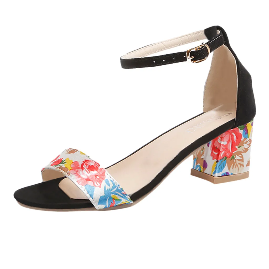 KLV/женские пикантные элегантные туфли на квадратном каблуке с цветочным принтом; повседневные рабочие босоножки на высоком каблуке с открытым носком и ремешком с пряжкой; Sandalias Mujer;