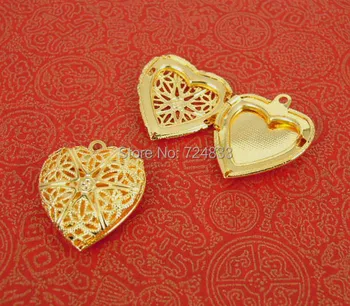

20x5mm Filigree Heart Essential Oil Aromatherapy Diffuser Photo Locket Pendant Gold tone Plated Brass Findings