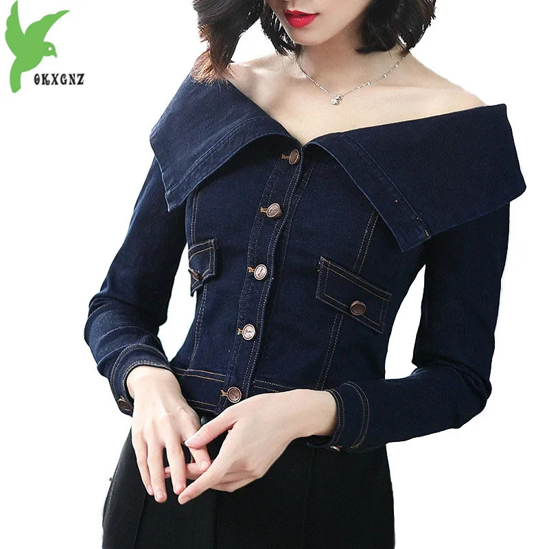 

Short Jacket Women 2018 Spring Autumn Denim Outerwear Slash neck Strapless Small Jacket High quality Jeans Top Short coats A2082