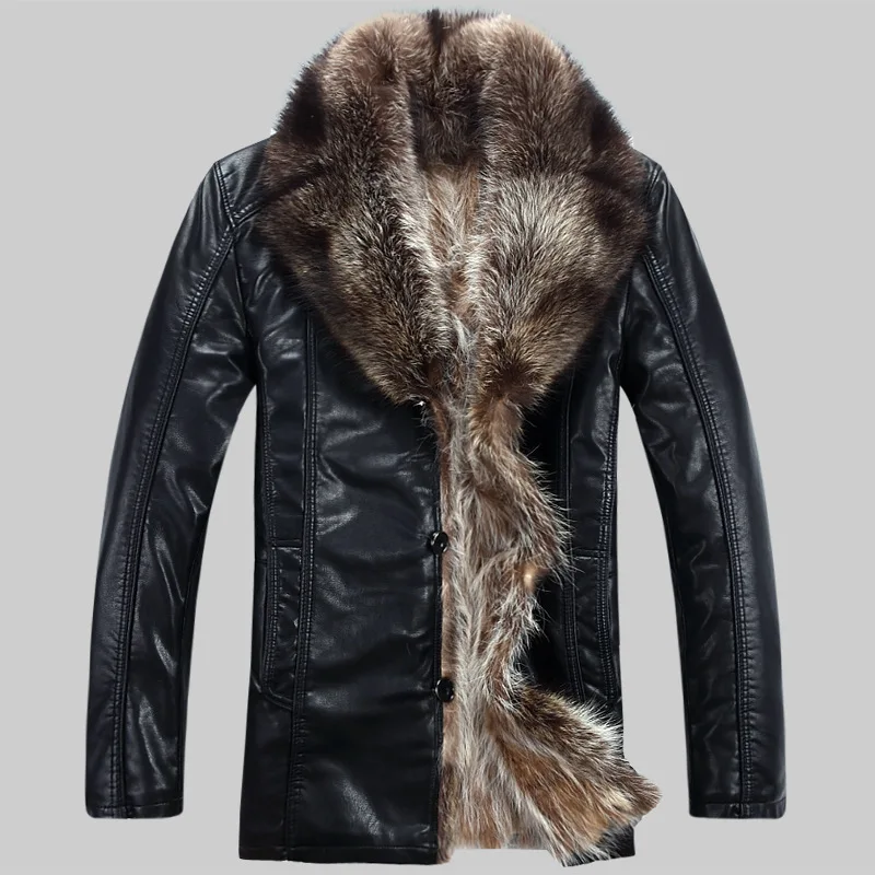 Mens Genuine Leather Jackets Winter Coats Natural Raccoon Fur Jackets Thicken Warm Outerwear Windbreaker Snow Overcoat Luxury