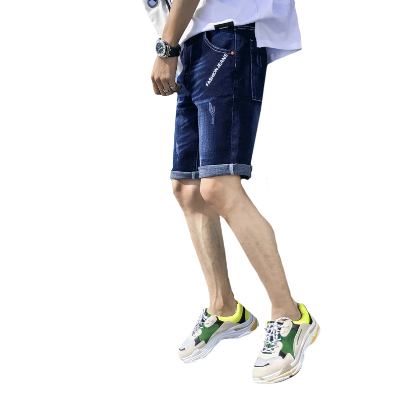 

2019 summer men's Harajuku denim shorts breeches men's five points denim shorts pocket letters printed casual straight shorts