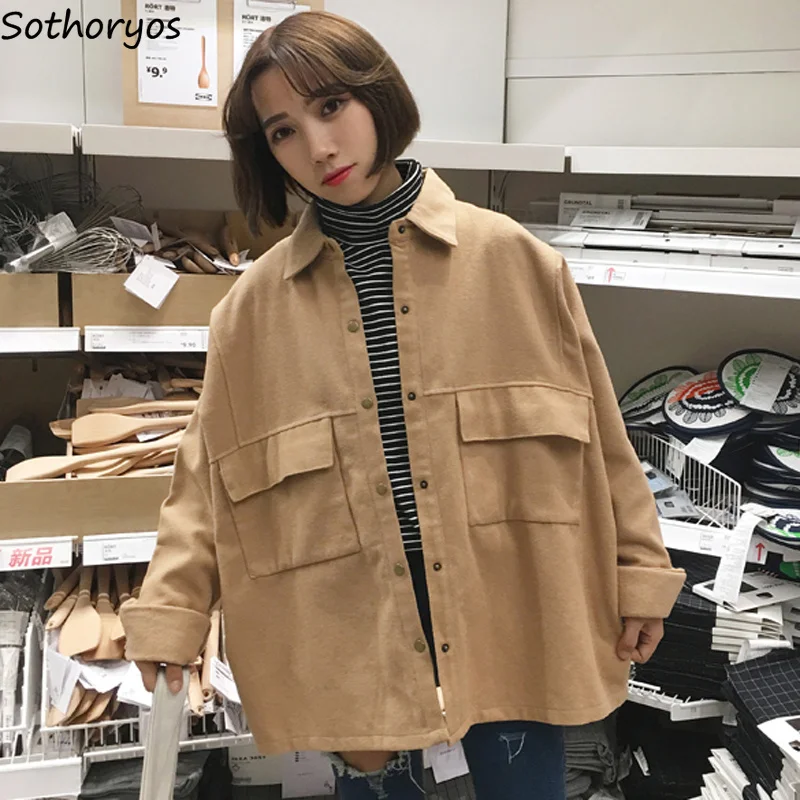 Goedkoop Jassen Vrouwen Solid Simple Match Turn down Kraag Leisure Koreaanse Jacket Womens Ulzzang BF Losse Studenten Basic Trendy Coat
