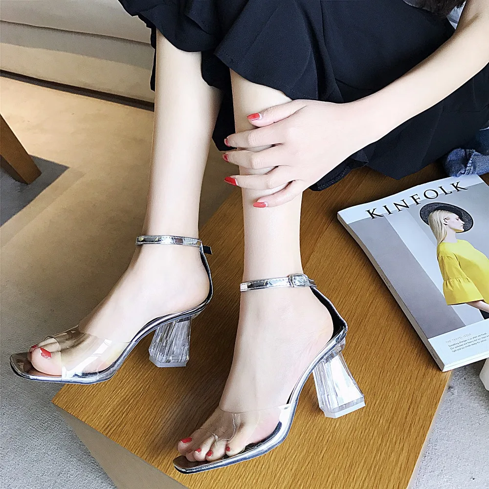 Летние прозрачные сандалии с открытым носом на высоком каблуке Для женщин прозрачный с закрытой пяткой босоножки с ремешком на застежке туфли-лодочки Размер 35–39 zapatos mujer