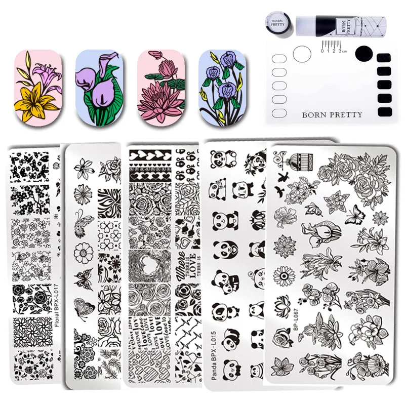 

6 Pcs BORN PRETTY Floral Template Rectangle Various Flower Pattern Nail Art Stamp Image Plate With Silicone Stamping Mat