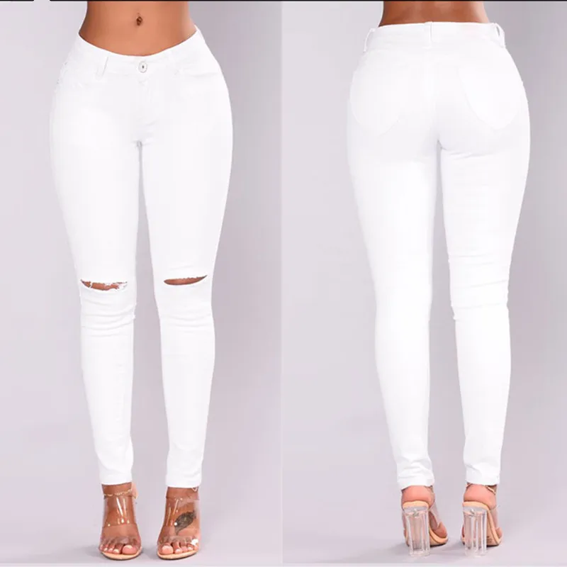 Fashion Cotton White Jeans Women Pencil Pants High Waist Denim Ripped ...