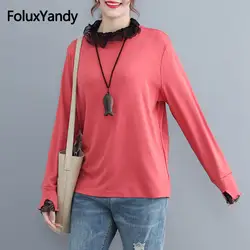 Кружева оборками О-образным вырезом Для женщин футболка плюс Размеры 5XL свободные с длинным рукавом Осень Футболки розовый черный NQYL50