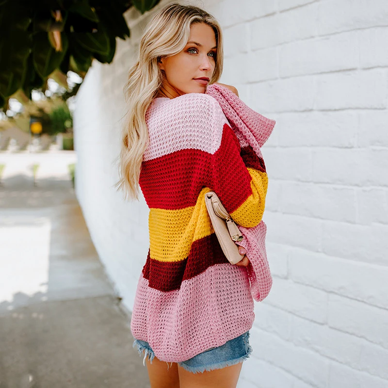 Ladies Sweater Rainbow Color Loose Bell Sleeve Pullover Blouses Autumn Winter Tops Female Long Sleeve Fashion Casu Ladies Sweater Rainbow Color Loose Bell Sleeve Pullover Blouses Autumn Winter Tops Female Long Sleeve Fashion Casu