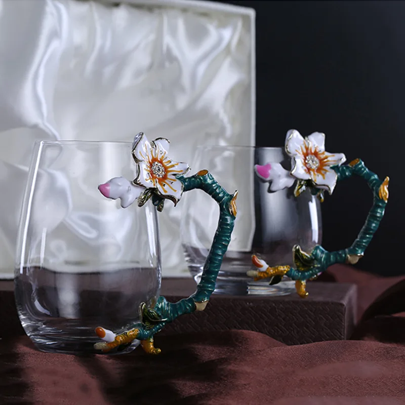 17 HIBOUR Unique Chrysanthemum Enamel Flower with Handgrip  Original Coffee Mugs Top Quality Glass Cups with Gift Box 400ml