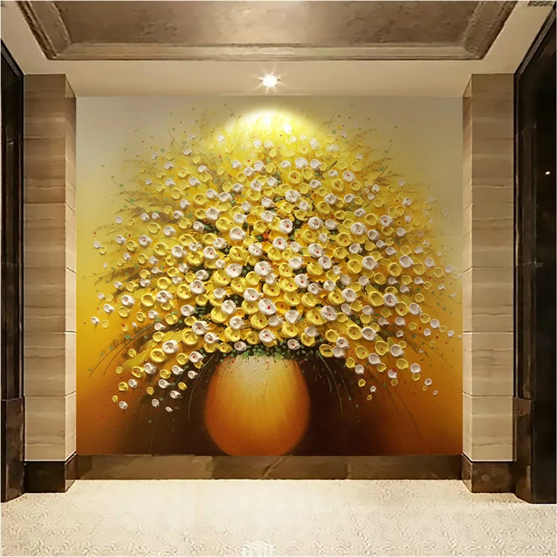 

beibehang Large custom wallpaper wall murals gold yellow luxury 3d oil painting vase entrance cut off the back wall