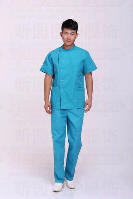 Дешевые летние женские медицинские скрабы для больниц с индивидуальным логотипом, набор узких зубных скрабов для салона красоты, униформа медсестры для спа - Цвет: lake blue men