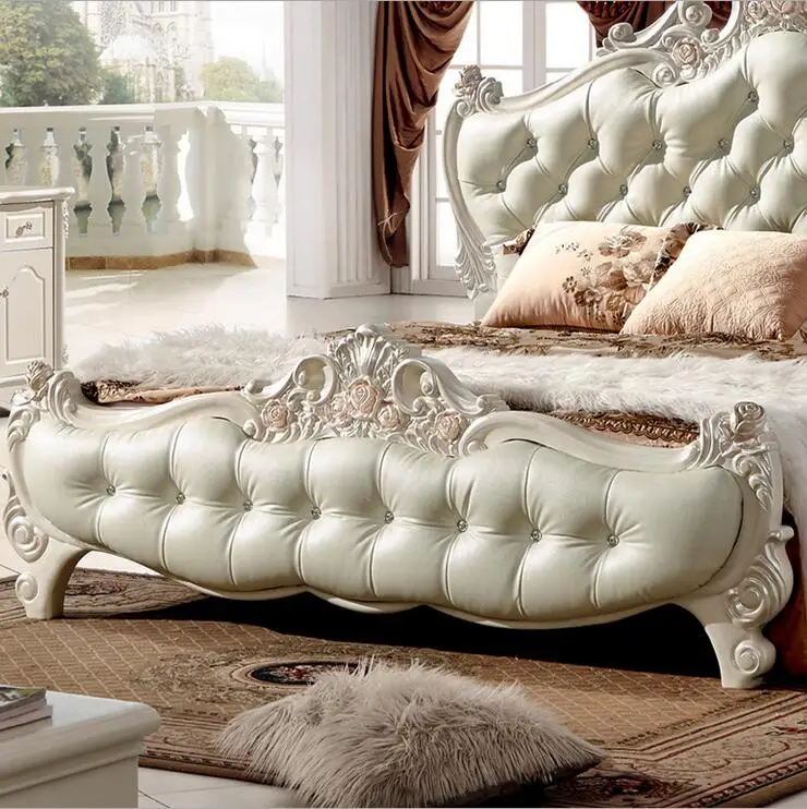 Современная Европейская кровать из массива дерева модная резная кожаная французская мебель для спальни 10020