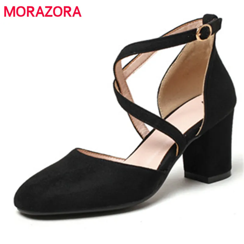 

MORAZORA Square toe high heels shoes in summer women pumps wedding party shoes fashion elegant flock solid big size shoes 34-43