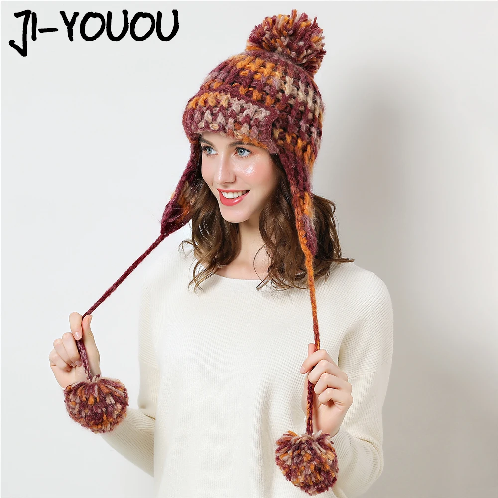 

Double layer design with ears adult winter hats for women Caps 2018 large-knitted Warm Beanies Skullies pompom for hat Girls