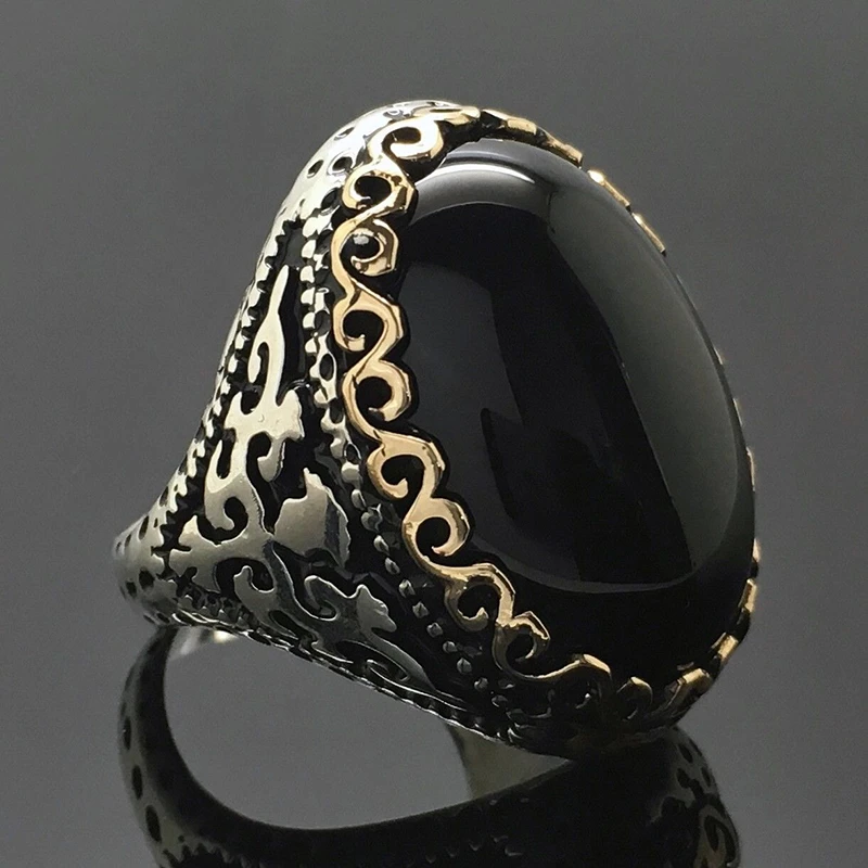 Большие кольца c черным камнем для мужчин и женщин ретро античный серебряный узор Подарок на годовщину в виде колец Femme Masculine Anillos ювелирные изделия L5Q940