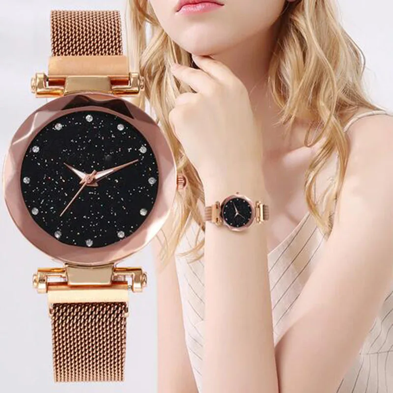

Best Selling Women Mesh Magnet Buckle Starry Sky Watch Casual Luxury Women Geometric Surface Quartz Watches Relogio Feminino