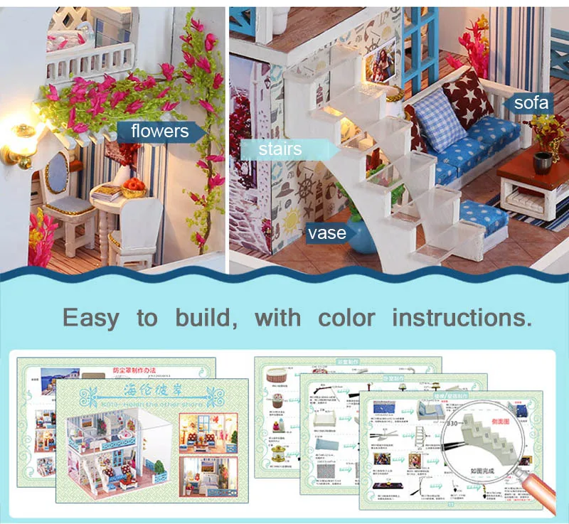 Kitoz DIY кукольный домик Приморская вилла миниатюрная Маленькая деревянная коробка
