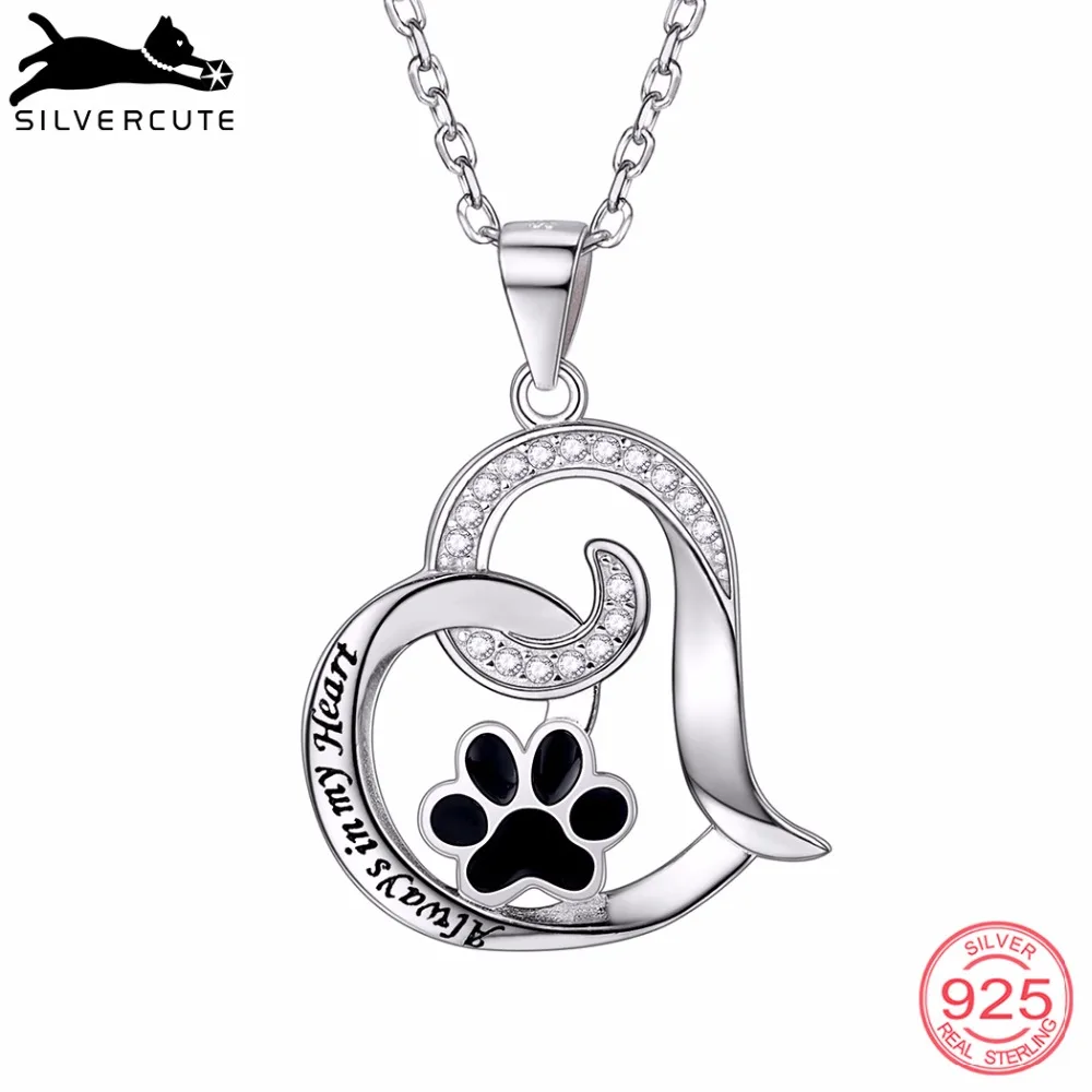 

SILVERCUTE Beloved Pet Footprint in My Heart Necklace For Women Girls Authentic 925 Sterling Silver Zircon Fine Jewelry SCP6454B