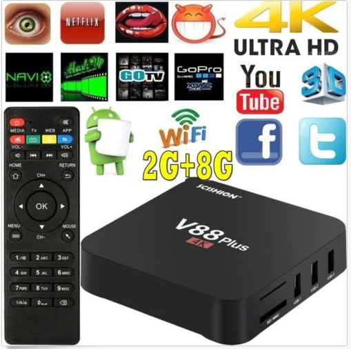 

SCISHION V88 Plus Android TV Box 4K 2G 8G Android 5.1 Quad-core Rockchip 3229 WiFi Support VP9 H.265 3D DLNA Smart Set Top Box