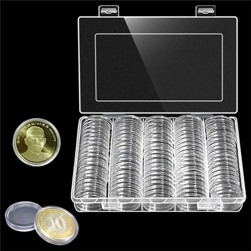 

New 100Pcs/Box Coin Storage Box Clear 30mm Round Money Boxes Plastic Storage Capsules Display Cases Organizer Collectibles