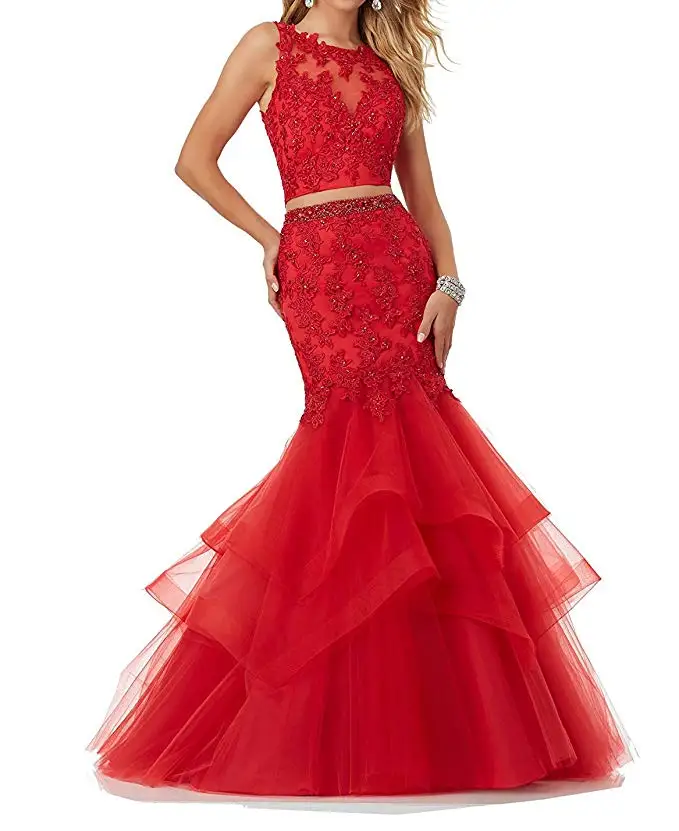 

2019 Mermaid Lace Applique Beaded Layered Ruffles Pageant Prom Dress Vestidos De Gala