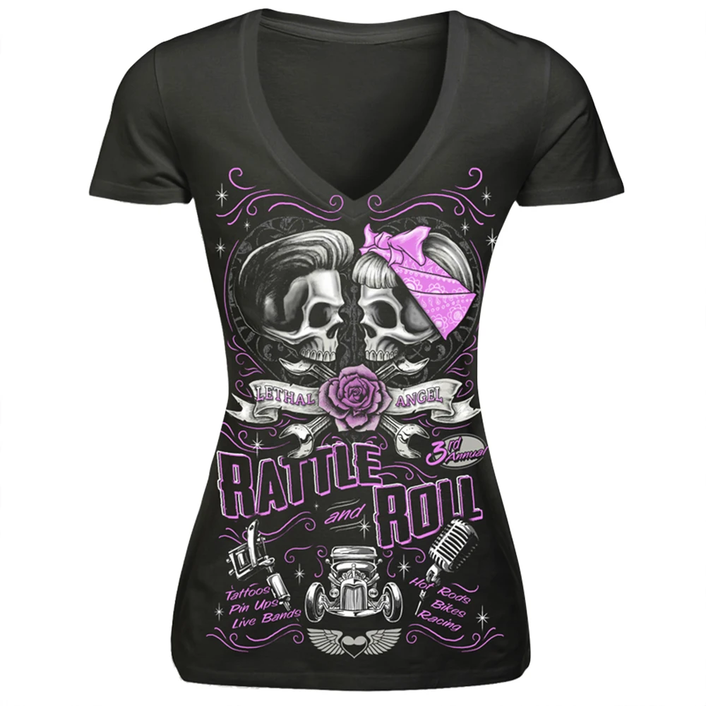 

Summer Couple Skull 3d Print Tees Women Short Sleeve V-Neck T Shirt Black Shirt Spandex Workout Tops Harajukku Punk Rock