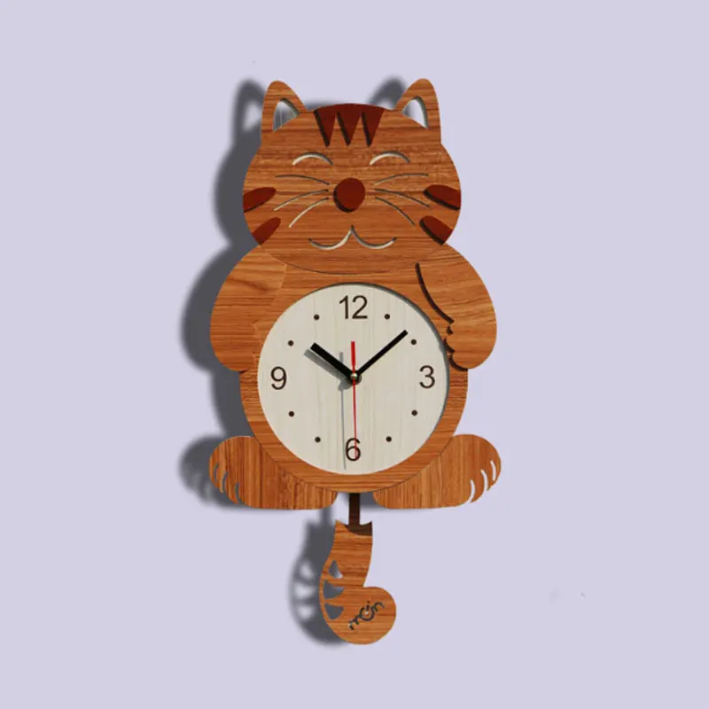Деревянные милые детские креативные настенные часы с кошкой для гостиной, современный минималистичный стиль, модные часы, Висячие круглые сельские бытовые немые часы