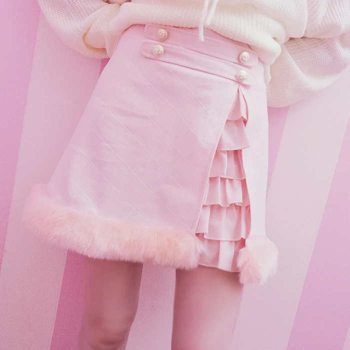 

Princess sweet lolita skirt Bobon21 false two Plush badge lattice A word skirt slit cake lace skirt and simple girl wind B1544