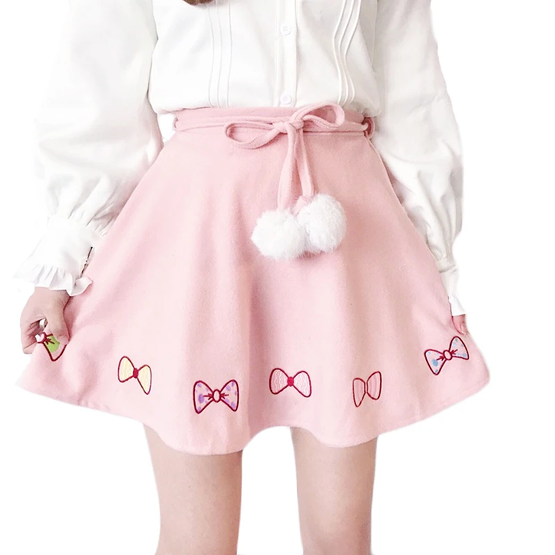 Women Kawaii Mini Skirt Embroidery Cute Preppy Style Pleat Skirts Jupe