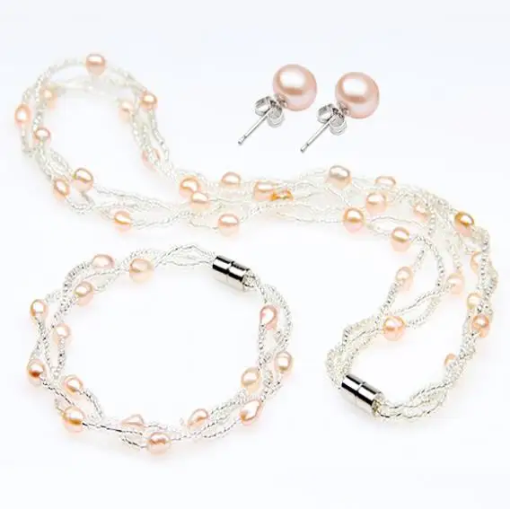 

100% Real Freshwater Pearl & 100% Real Silver 925 jewelry Set Necklace + Bracelet +Earrings Jewelry Sets Free Shipping FSET001