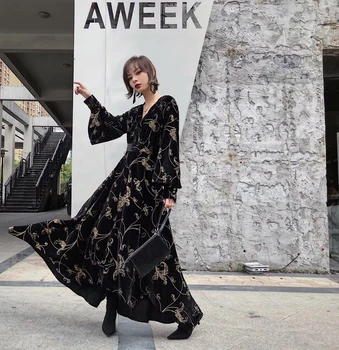 

Elegant Women Velvet V-neck Floral Hot Stamping Pattern Long Lantern Sleeve Black Dress Veivet High Waist Ankle-length Dress