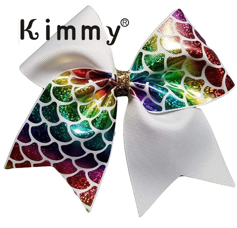 2pcs free shipping 7'' Large Mermaid Ribbon Cheerleading Hair Bows Hologram Printed Elastic Band Bow Children | Детская одежда