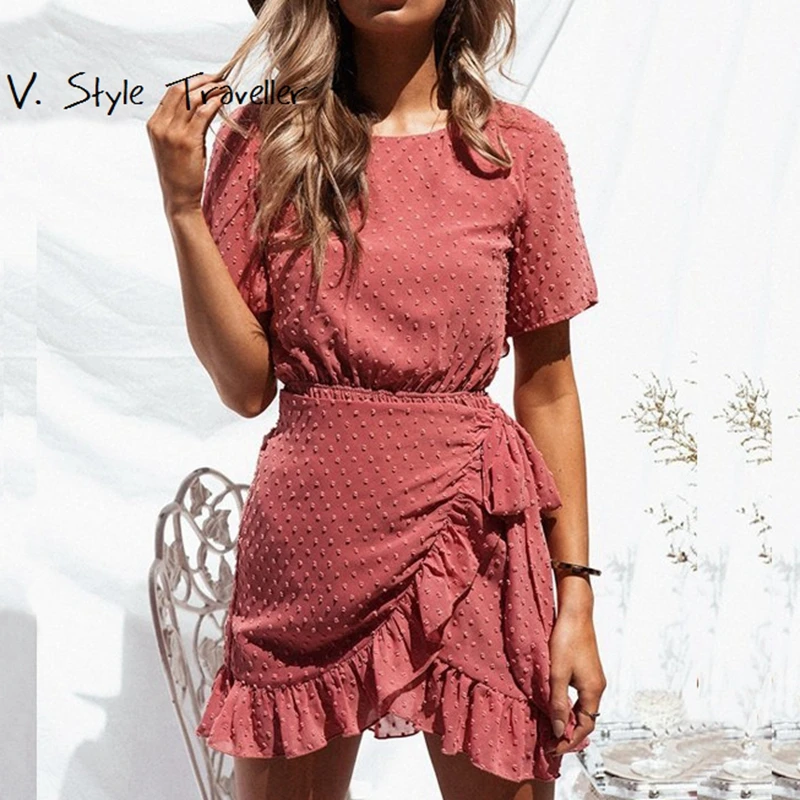 

Bohemia Coral Chiffon Dress Women Backless Sexy Bodycon Casual Summer Style Sash Boho Resort Beach Ruffles Flounce Loose Dresses