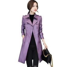 B новая осенне-зимняя куртка для женщин s мотоциклетная куртка искусственная кожа куртка для женщин двойной груди Тонкий длинный Тренч PU пальто