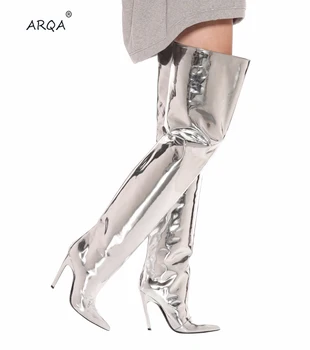 

ARQA Women Boots Fashion Platform punk high thin heels Ankle boots Plus Size 33-48 Autumn Winter Zip Silver Casual Party shoes