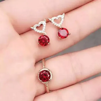 

Fidelity Natural 6mm garnet s925 sterling silver earrings/ring heart jewelry sets natural red gemstone fine jewelry gift women