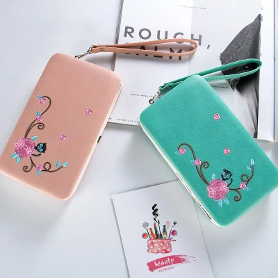 

BENVICHED Phone Bag Women Wallets Coin Purse Embroidery Female Long Clutch Wristlet Card Holder Wallet pencil Women Purses D33