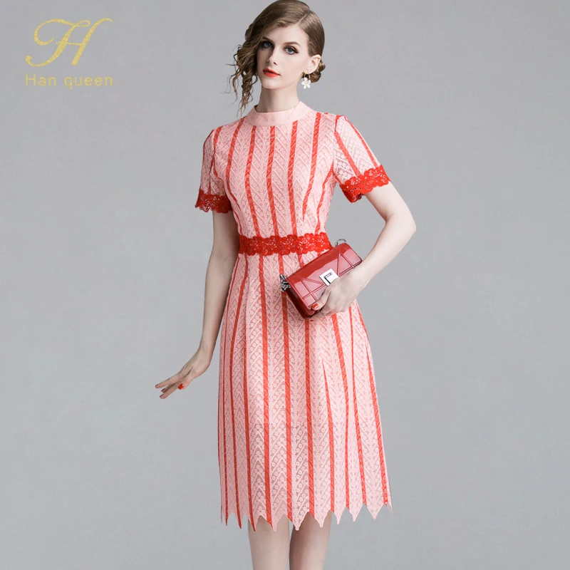 

H Han Queen Vintage Lace Striped A-line Dress Women Patchwork Print Casual Dresses Elegant Fashion Party Swing Vestido De Festa