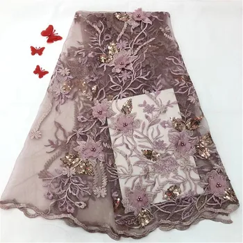 

2018 French Lace Fabric Pink Wedding High Quality African Tulle beads Lace Fabric 5Yard 3D Flowers Embroidered Tulle Lace fabric