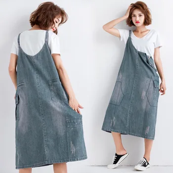 

European Style Large Size Women Jumpsuits Summer Loose Literary Retro Worn Out Old Long Paragraph Washed Denim Strap Jumpsuits