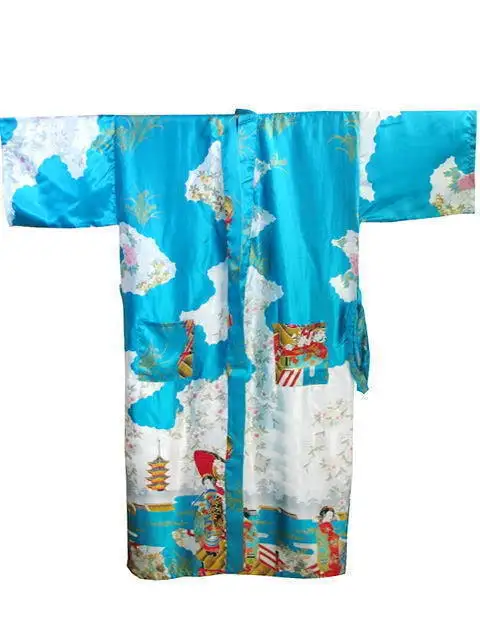 Ярко-розовые китайский Для женщин Шелковый район халат-кимоно с цветочным принтом S M L XL XXL XXXL S0017 - Цвет: Небесно-голубой