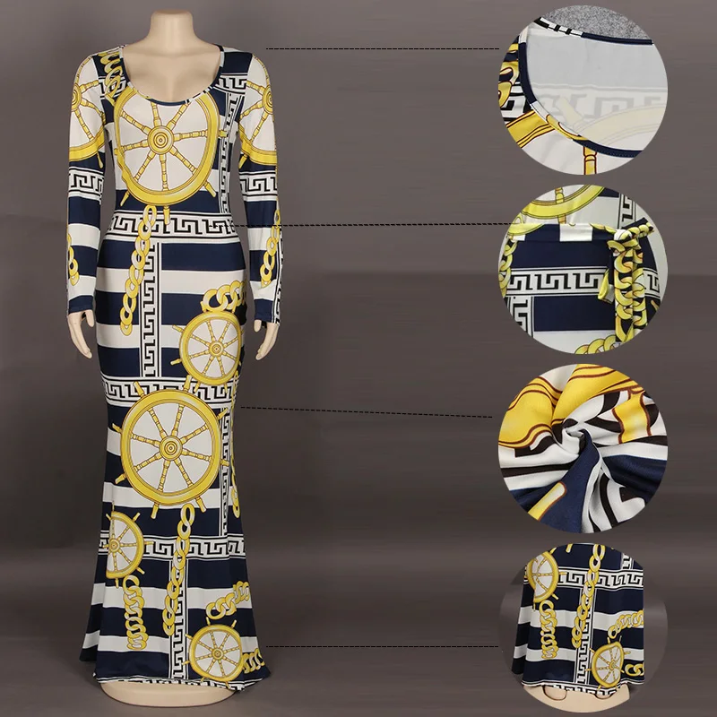 Kostlich 2017 Autumn Dress Sexy Women Long Sleeve Party Dresses Low O-Neck Print Long Dress Women Clothing Plus Size With Belt